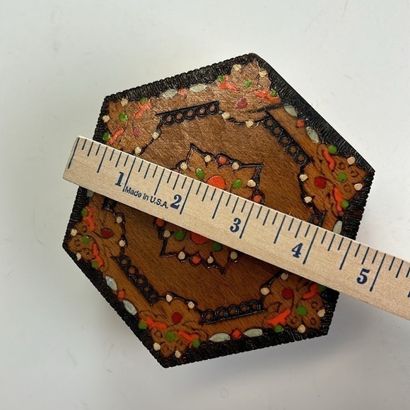 Antique Vintage Wooden Hexagon Hand Painted Box Holder Case Chest 1973 - Picture 11 of 13